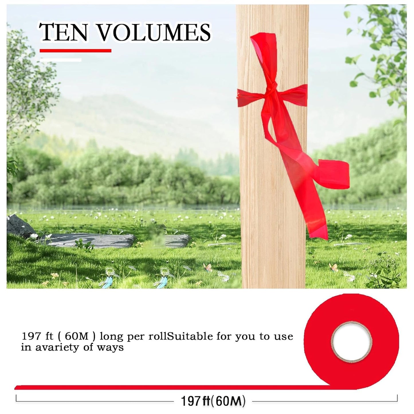 10 Pack Red Flagging Tape, Non-Adhesive Plastic Ribbon Neon Marking Roll, 1inch*2000ft, Marking Tape for Tree Marking, Hunting, Boundaries and Hazardous Areas,Trail Marking