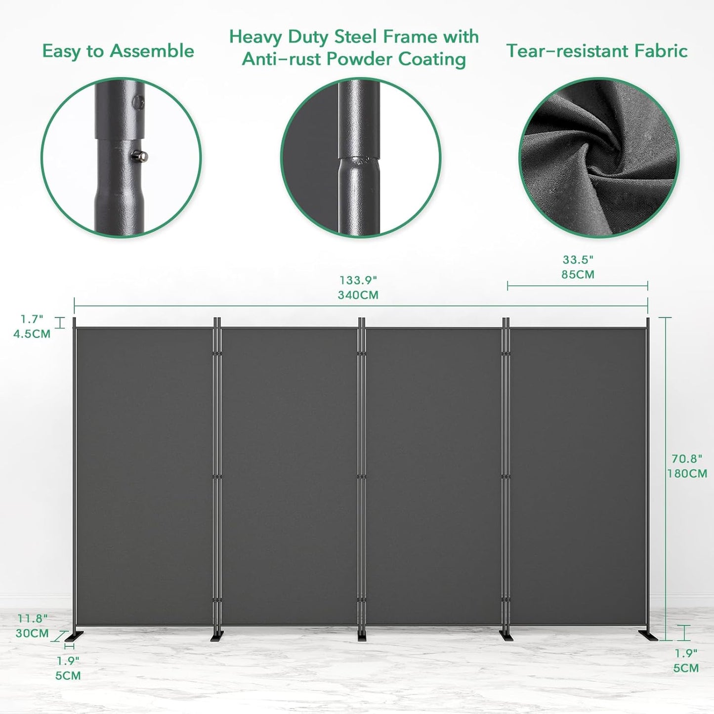 Helios&Hestia 4-Panel 6 ft Tall Indoor Folding Room Divider, Portable Privacy Screen, Freestanding Partition Separator, Temporary Wall Separation for Bedroom, Office, 136" W X 71" H, Dark Grey