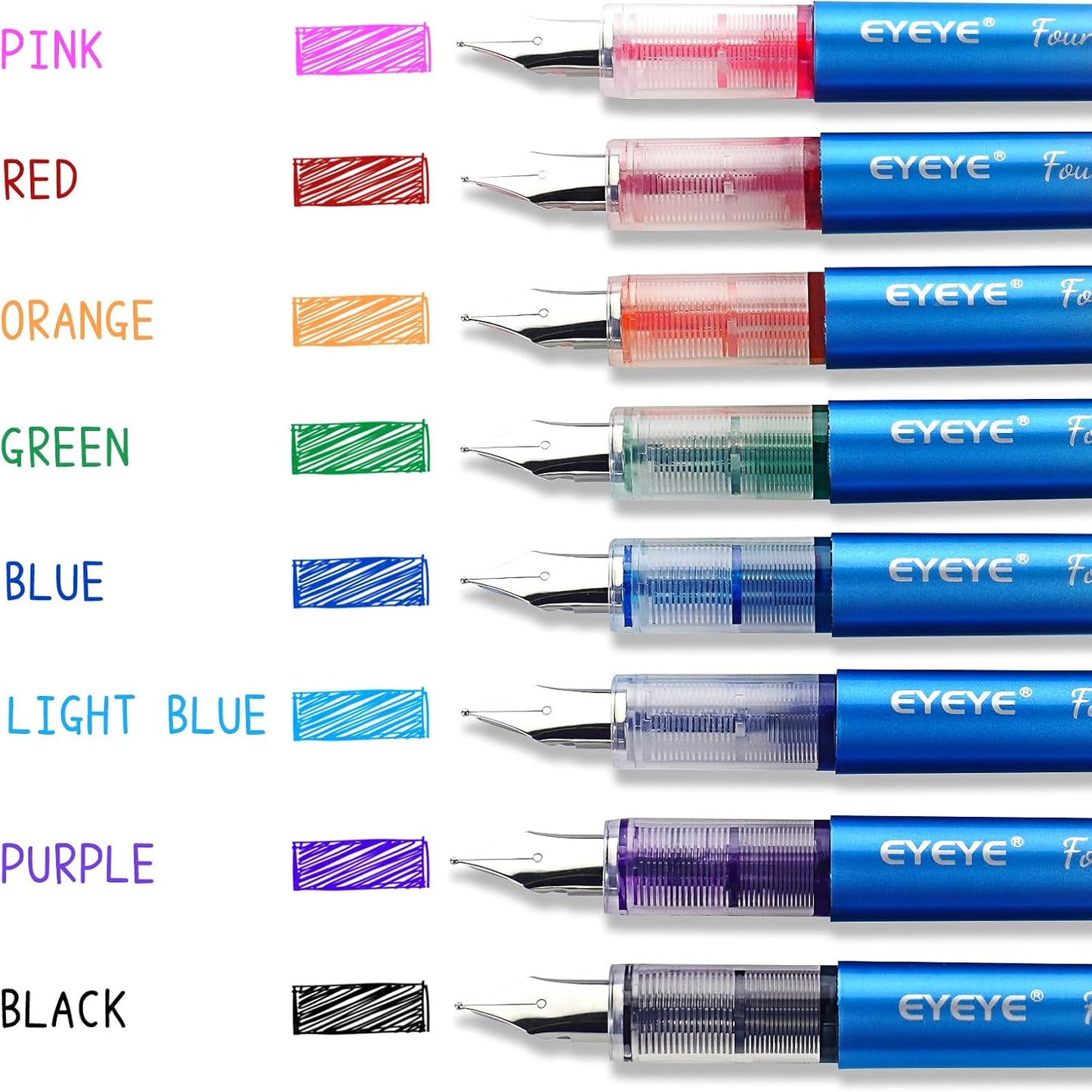 EYEYE Disposable Fountain Pens for Writing, Medium Point Stainless Steel Nib, Pack of 8 Assorted Colors