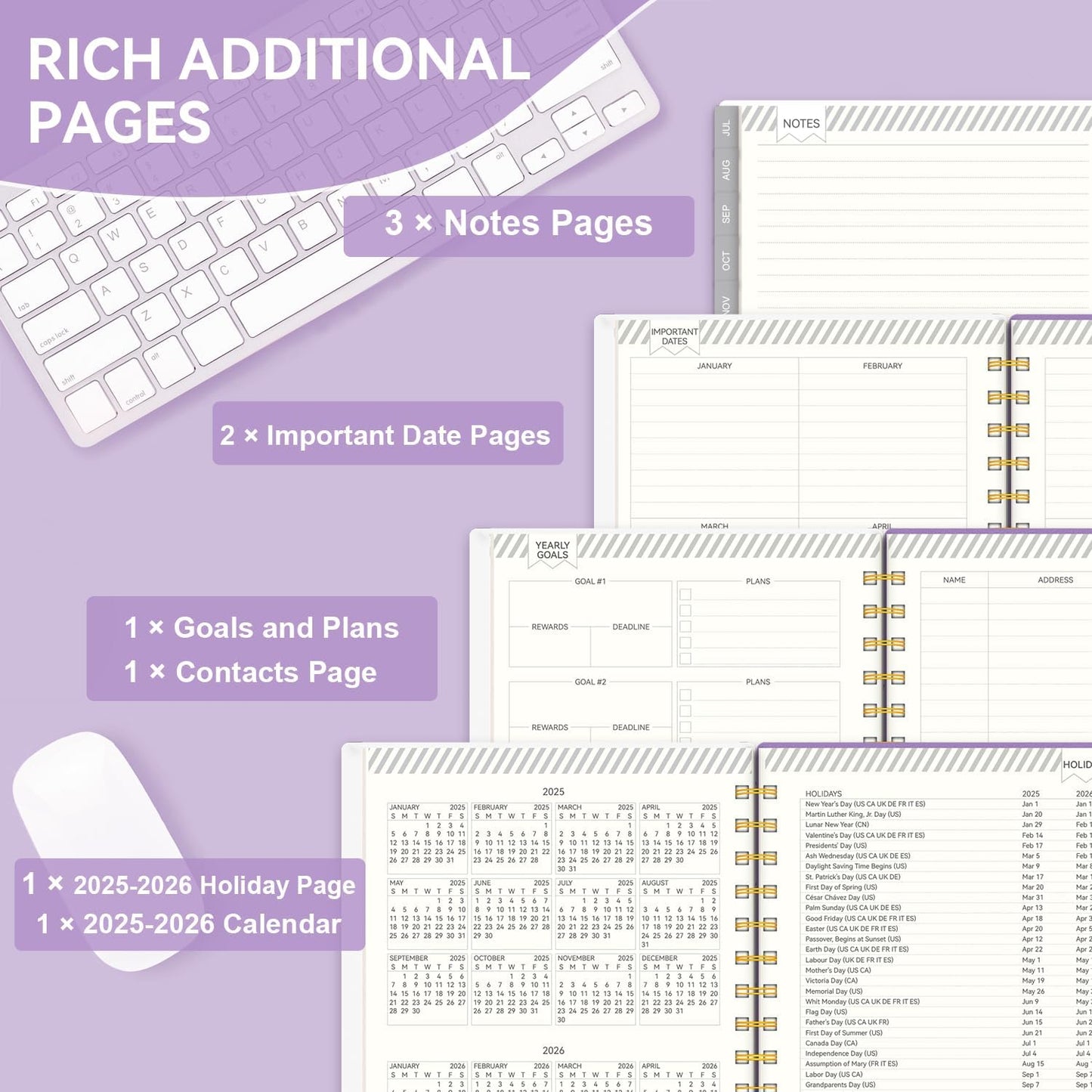 Planner 2025-2026, Academic Planners for Teacher & Student, AIMPEAK Weekly & Monthly Calendar Planner for Women, Daily Planners run from Jul.2025 - Jun.2026, Monthly Tabs, Spiral Binding, Purple Garland, 5.5"x8.5"