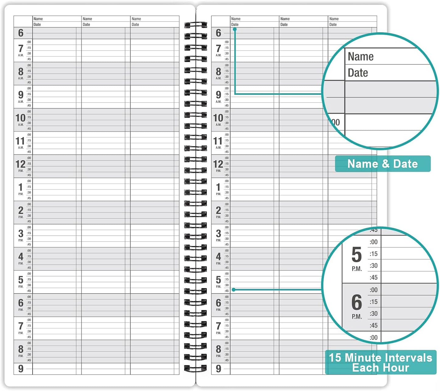 Appointment Book – Undated Salon Appointment Book, Daily＆Hourly Schedule Book with 200 Pages, 6 AM - 9 PM, 15 Minute Intervals Day Planner, 6’’ x 11.5’’, 3 Column, Twin-Wire Binding, Hardcover