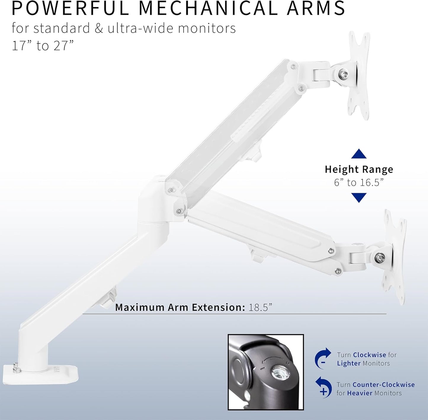 VIVO Aluminum Articulating Dual Monitor Arm for 17 to 27 inch Screens, Desk Mount Tension Spring Monitor Stand for 2 Screens, White, STAND-V102OW