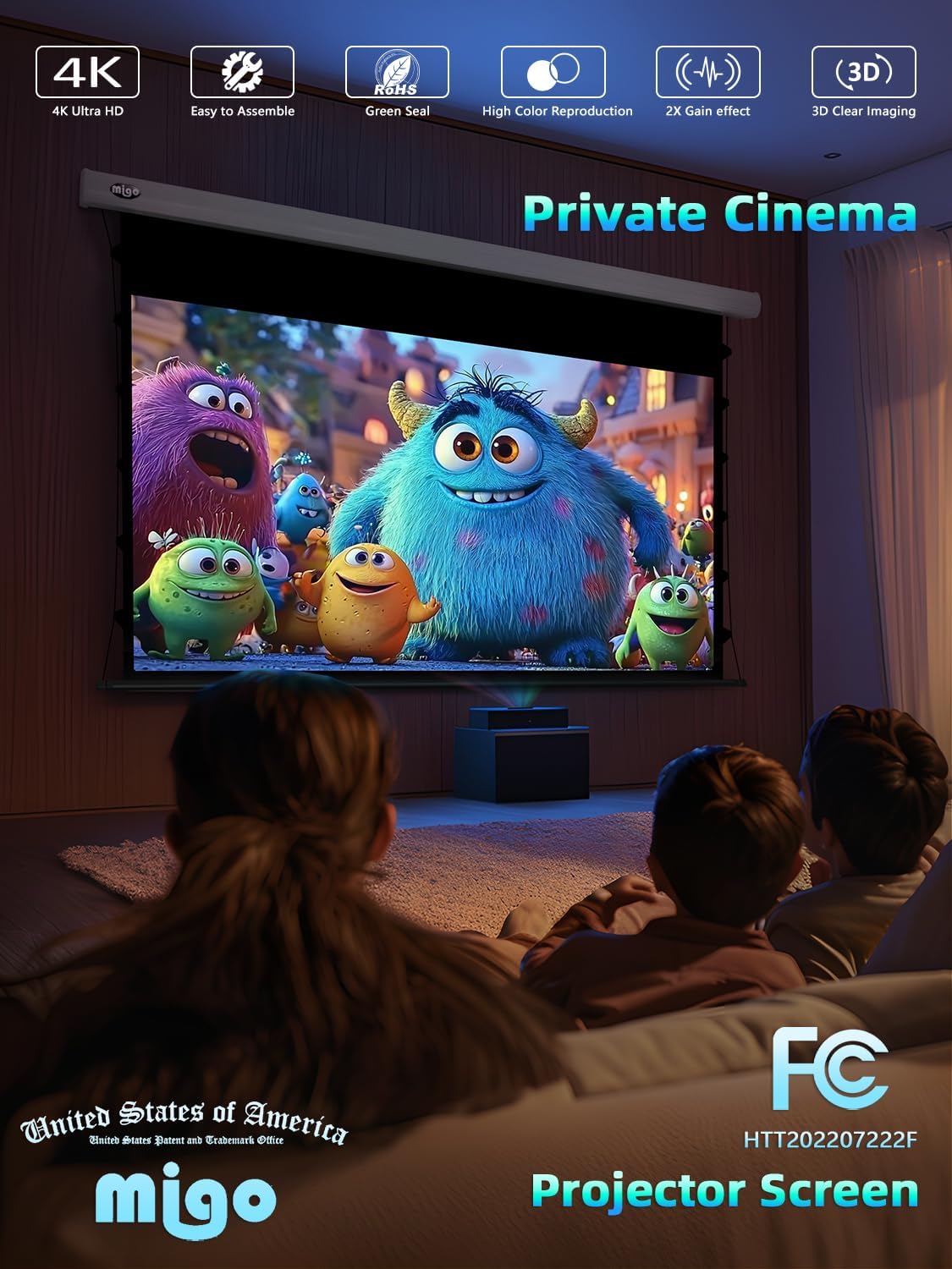 150 Inch Pull Down Electric Projector Screen, Grey Crystal 2.0 Gain Partial Ambient Light 4K Tab-Tension Projector Screen Wall & Ceiling Mount for Short Throw Projector Movie Home Theater Cinema