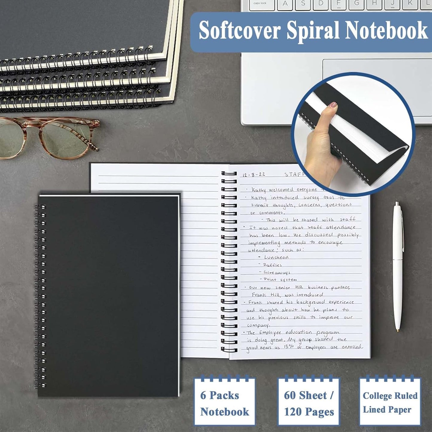 GINMLYDA 4Pack Small Spiral Notebook A5, 8.25x5.5” 120 Lined Pages Wide Ruled Spiral Journal Bulk Blank Kraft Cover Spiral Bound Notebook & Writing Pads for Home Office Meeting Work Note Taking