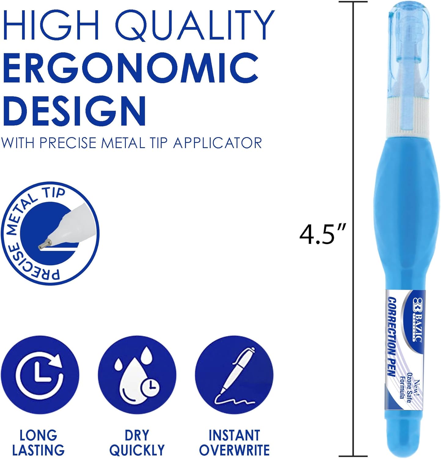 BAZIC Correction Pen (0.1 oz / 3 ml), Precise Metal Tip Applicator, Fine Point Corrections Fluid, Squeeze White Out Wipe Out Liquid (3/Pack), 24-Packs