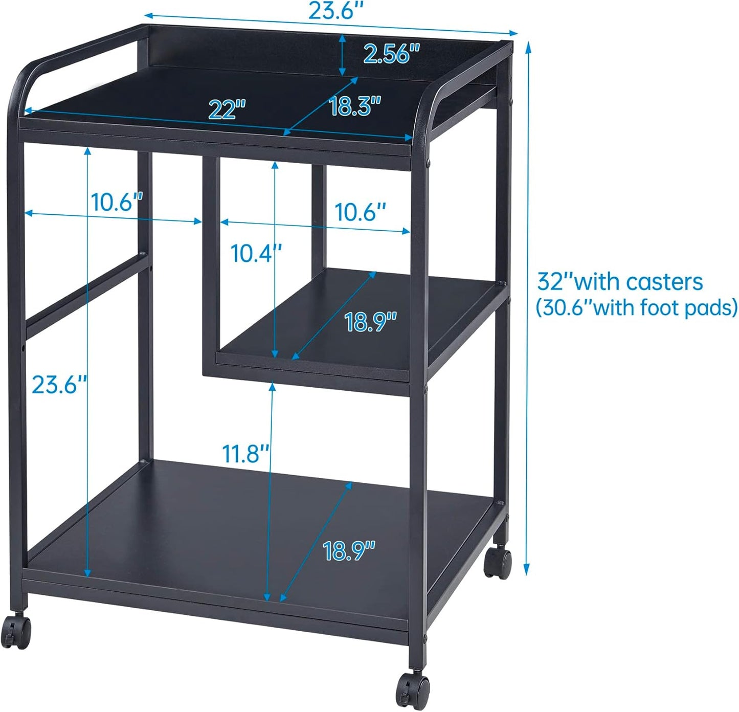 Printer Stand with Storage Shelf for Home Office Organization, 22 x 18 Inch Large Printer Table with Wheels, Shredder Stand, CPU Stand, Rolling Cart for Host Computer, PC Tower, Desktop- Black