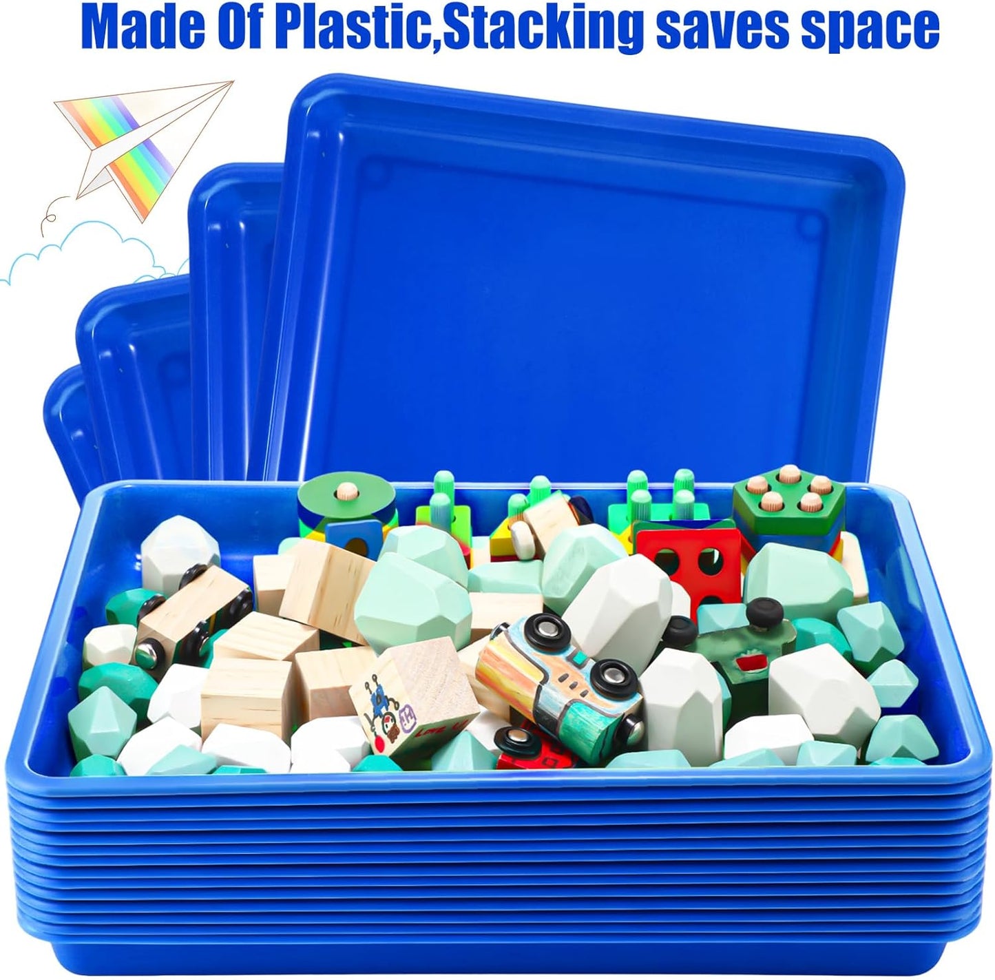 Maitys 15 Pcs Flat Plastic Trays 16.1 x 11.8'' Sensory Storage Tray Paper Stackable Classroom Bins for Office Home Organizer Arts and Crafts Supplies(Blue)