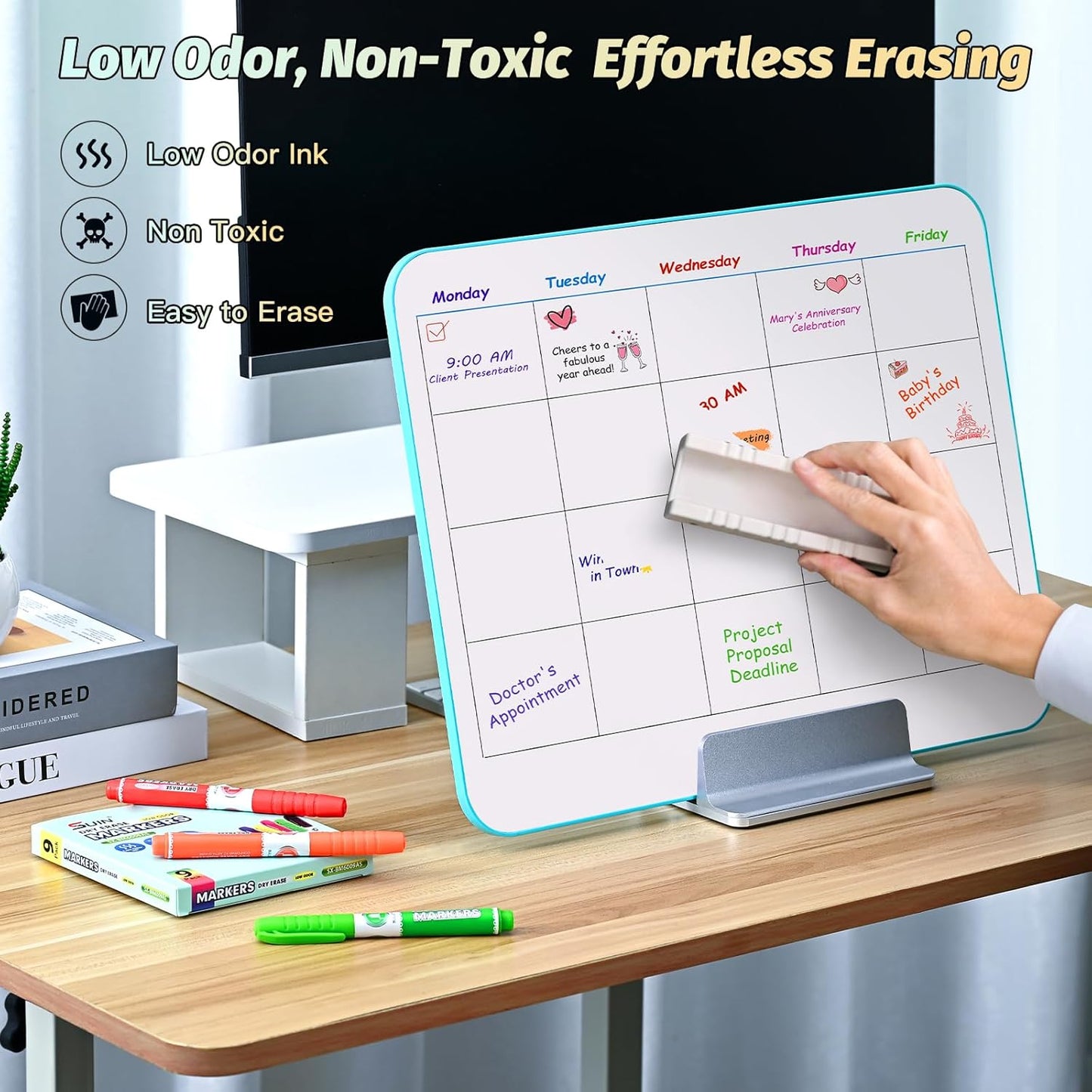 SUIN 9 Colors Dry Erase Markers - Low Odor, Non-Toxic, Slim Whiteboard markers, Medium Fine Tip Whiteboard Pens for Kids, Office, Classroom & Home, 9 Count