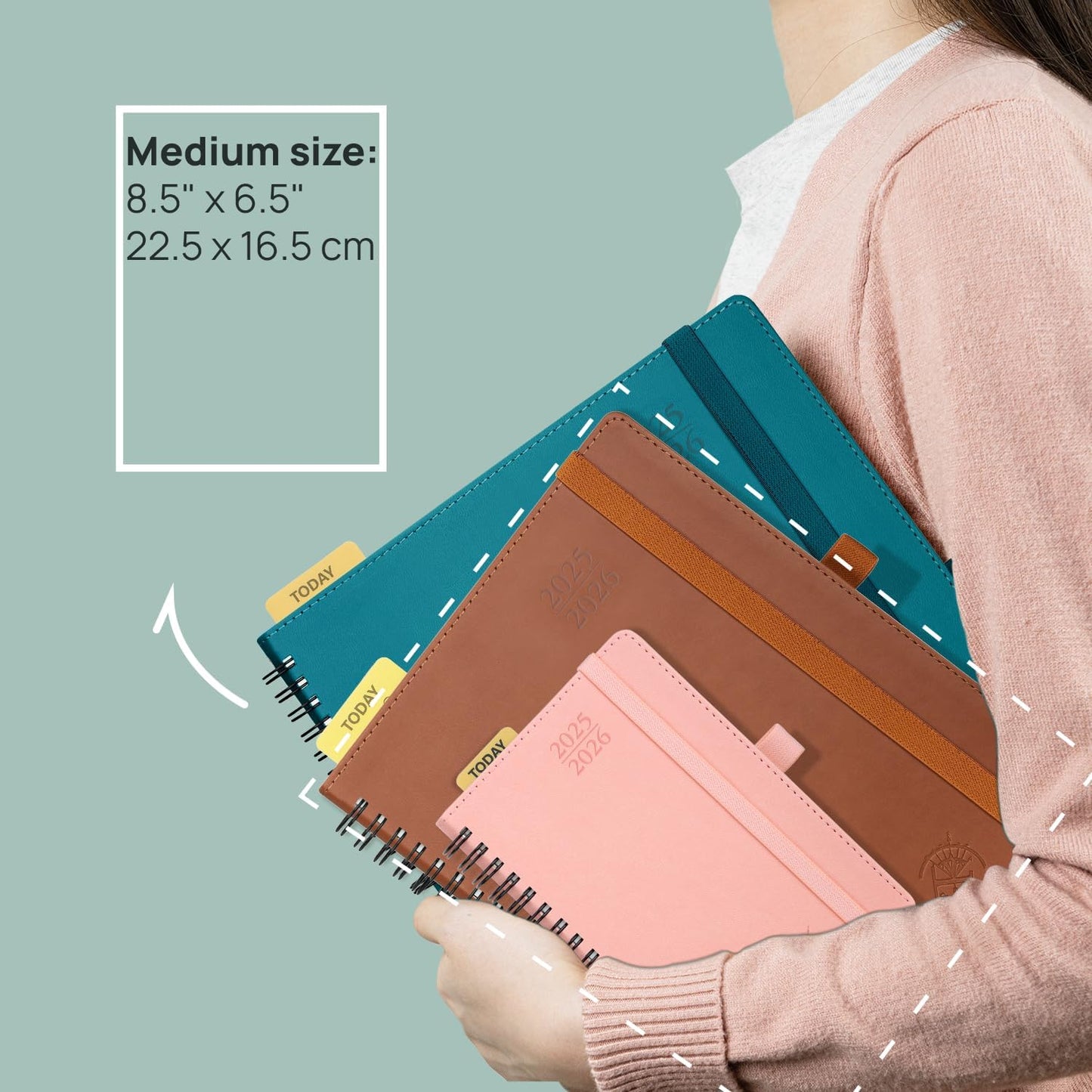 POPRUN Planner 2025-2026 (Medium - 6.5'' x 8.5'') Academic Weekly Calendar (July 2025 - June 2026) with Hourly Time Slots, Monthly Tabs, 100GSM Thick Papers, Spiral Leather Cover - Pacific Green