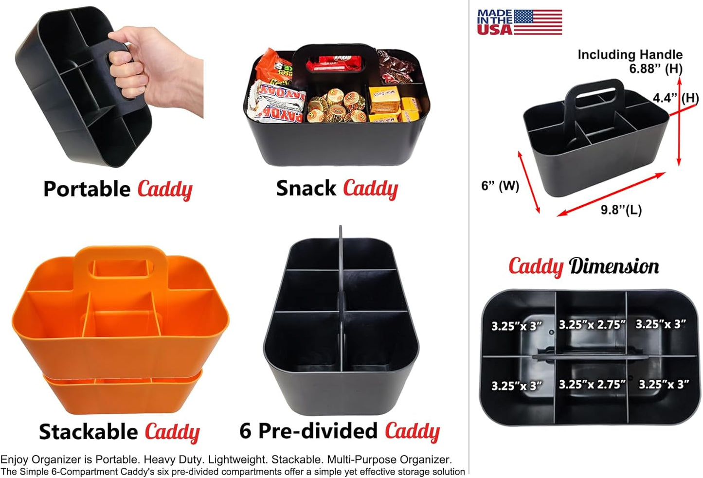 2 Pack Small 6 Compartment Multiuse Caddy Organizer with Handle Art Craft Supplies, Office, Desk, Stationery Pen Holder Stackable- Made In USA (Orange)