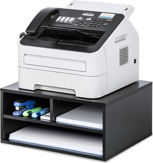 FITUEYES Large Printer Stands with 3 Storage Compartments, Desktop Paper Organizer Shelf for Home Office, 2-Tier Printer Riser, Black, 18.9" L x 15.7" W x 8.7" H