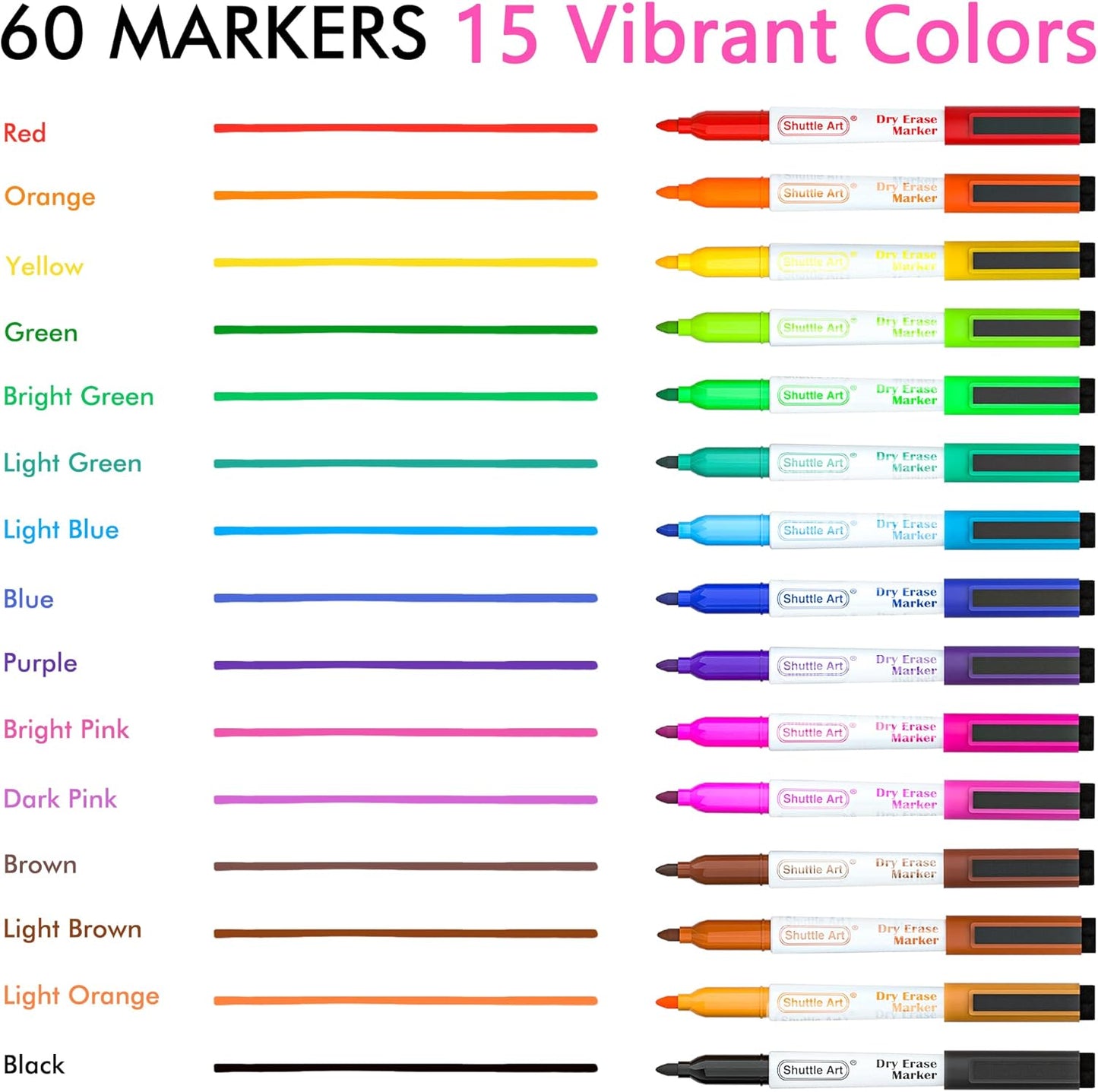 Dry Erase Markers, Shuttle Art 60 Bulk Pack 15 Colors Magnetic Whiteboard Markers with Erase, Fine Point Dry Erase Markers Perfect for Writing on Whiteboards, Glass, Mirror for School Office Home
