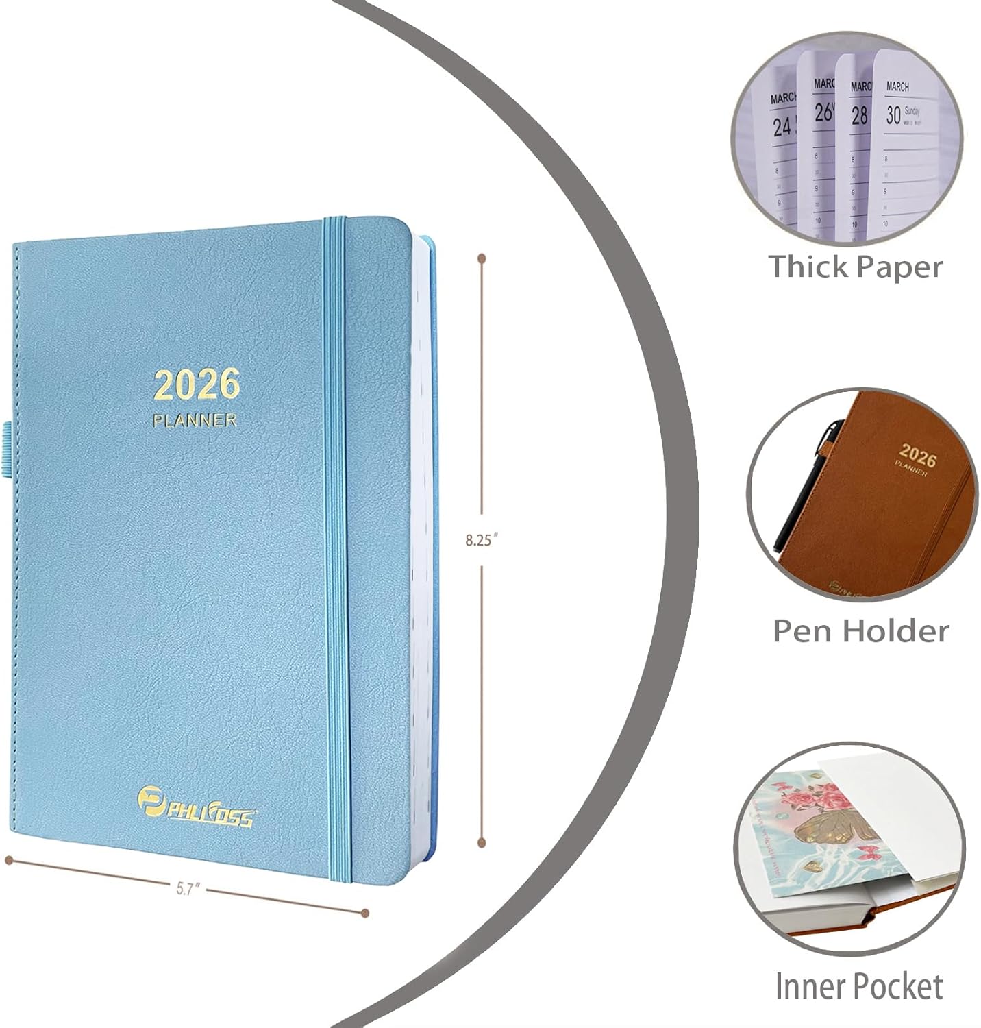 2026 Daily Planner/Calendar, One Page Per Day, Daily Monthly Agenda Planner with Time Slots and Monthly Tabs, Jan - Dec 2026, 5.7" x 8.25" Appointment Book, Pen Holder, Leather Cover (2026-Sky blue)