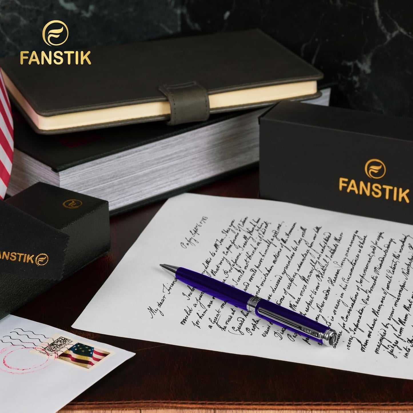 Customized Blue Luxury ballpoint pen (Made In USA) fancy gift set for women, Real 24K Gold Plating, Professional executive pen gift set for men (Lux Custom-BallPoint Blue)