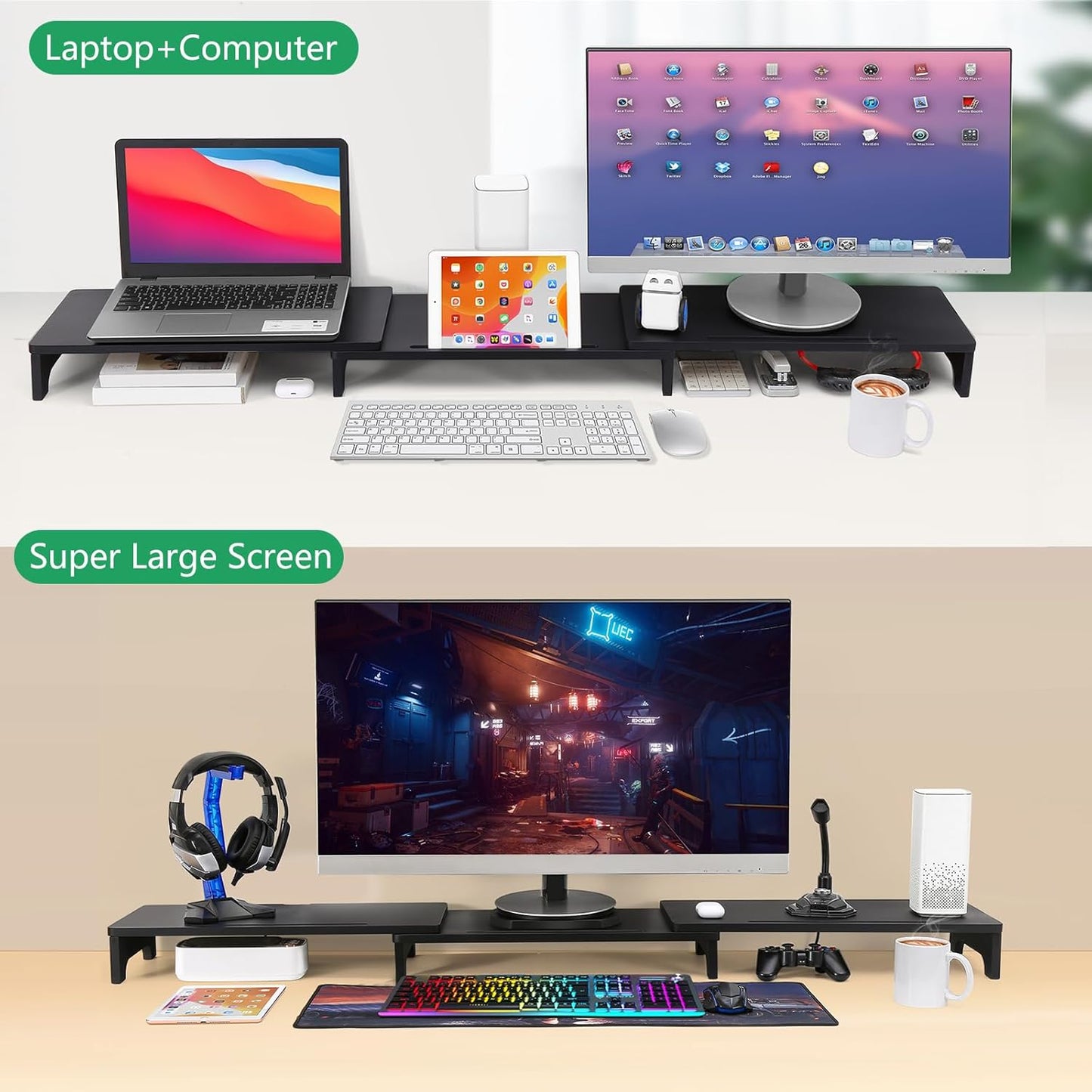 Nnewvante Monitor Stand Riser, 60 inch Large Bamboo Dual Monitor Stand for Desk, 3 Shelves Desktop Screen Riser with Adjustable Length Angle for Computer Laptop PC,Black