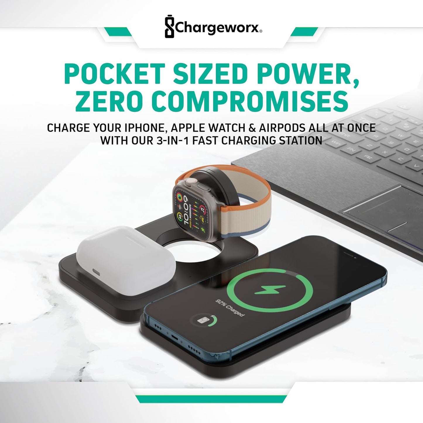 CHARGEWORX 3-in-1 Wireless Charger, Foldable Magnetic Charging Station with 15-Watt Fast Charging, Compatible with iPhone, Samsung, and Other Phones, Smartwatches, and Headphones, Black