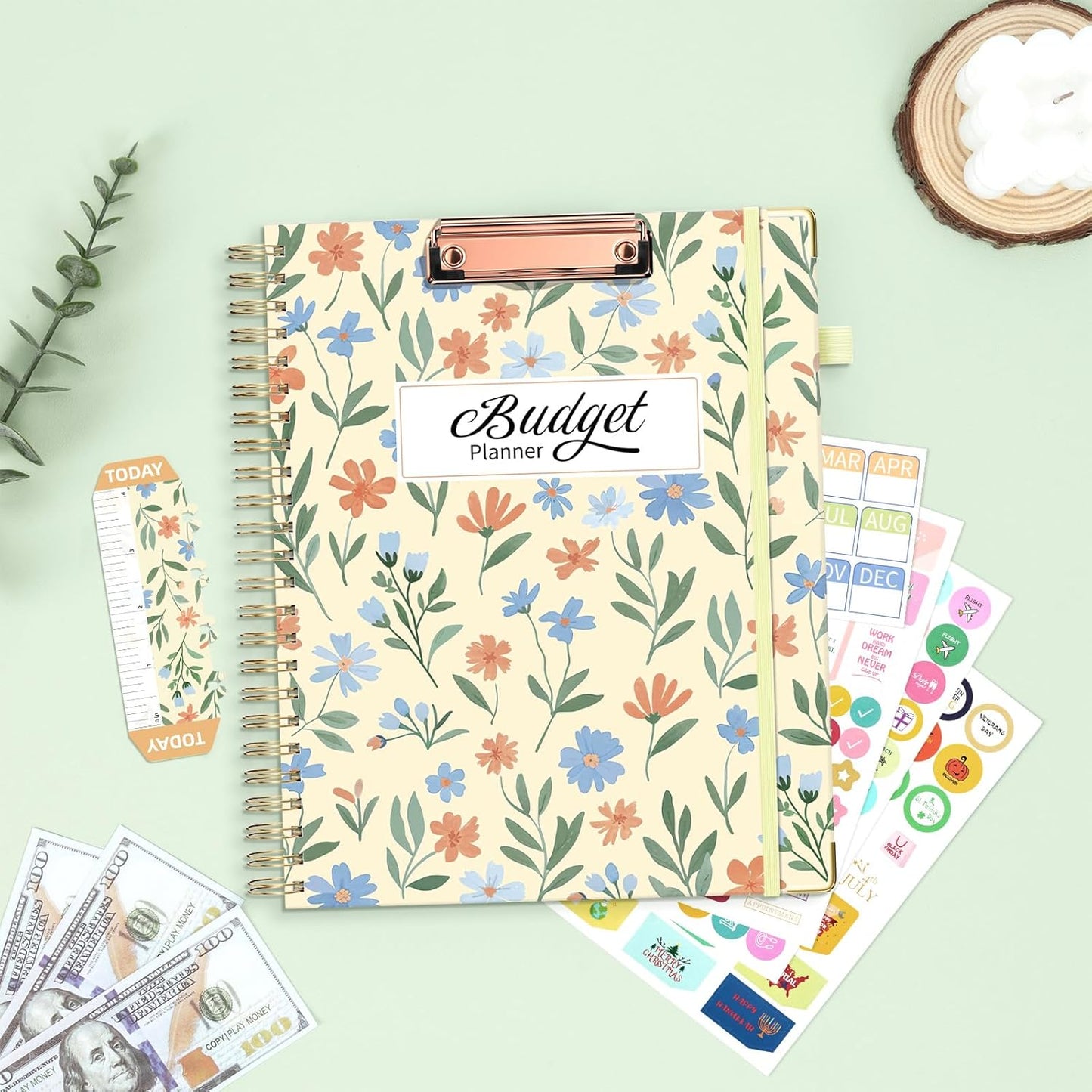Ospelelf Large Budget Planner with Clipboard Undated Weekly Monthly Account Financial Planners Book with Stickers 12 Months 8.5"x11" Productivity Aesthetic Journey Yellow Floral