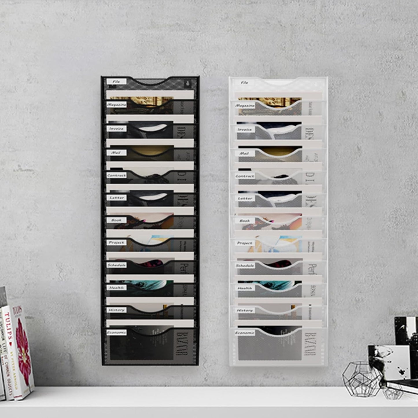 12 Tier Hanging Wall File Holder, Metal A4 Wall Mounted Document Holder, Vertical Hanging Mail Organizer, Magazine Storage Rack for Office Home Classroom, White