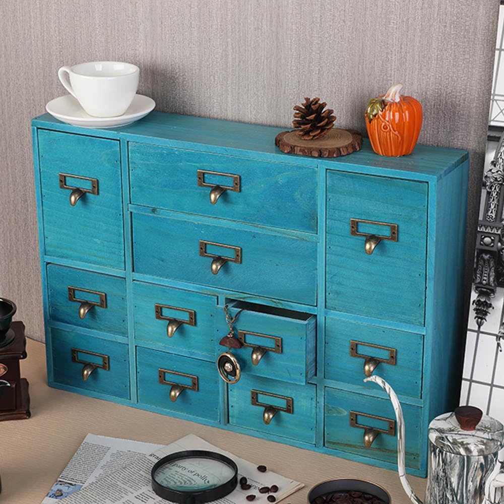 12 Drawers Apothecary Cabinet with Drawers Tabletop Apothecary Drawers Library Card Catalog Cabinet Medicine Cabinets Wood Desk Organizer Wooden Storage Box (Blue)
