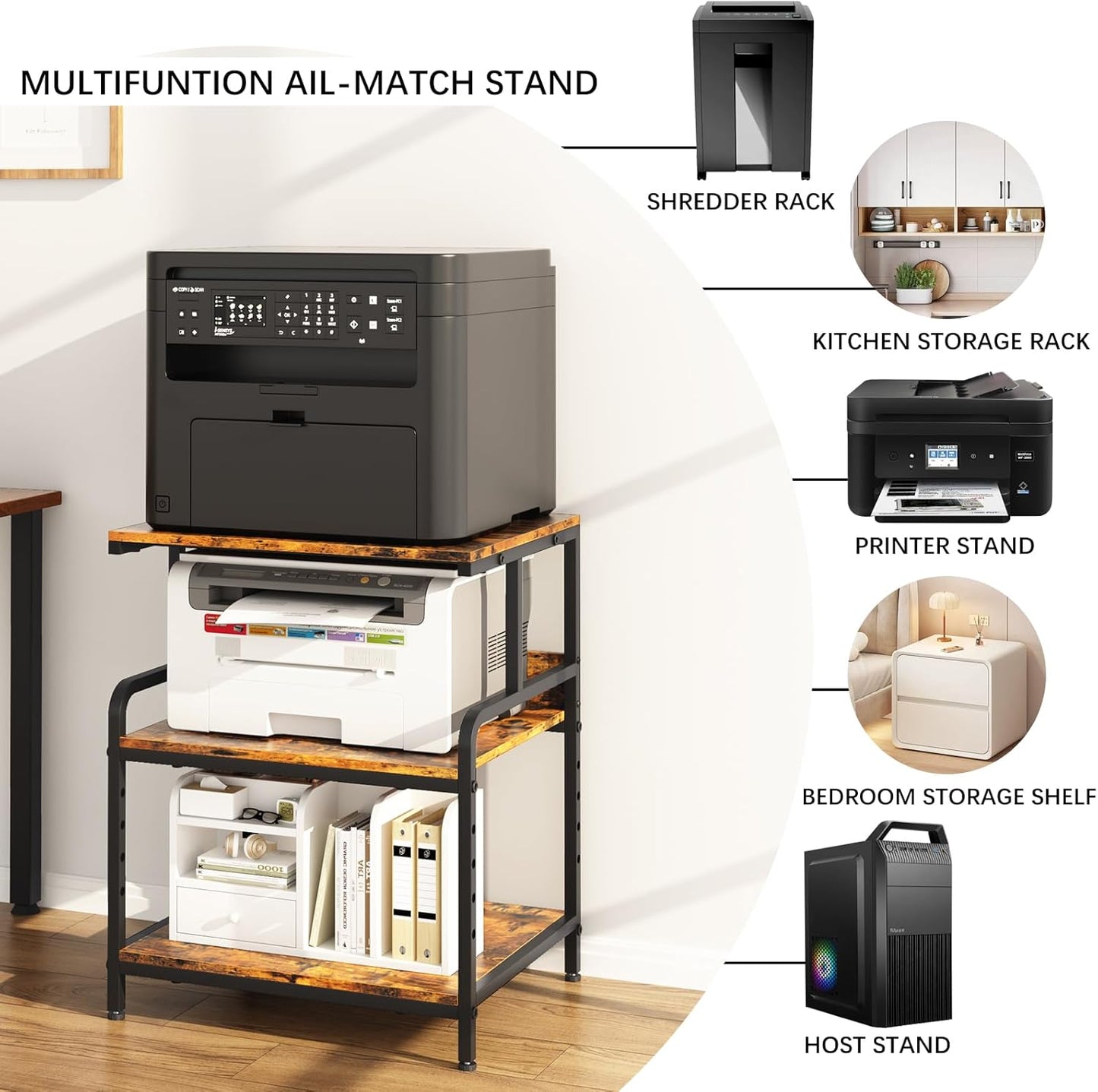 Large Printer Stand with Storage Shelf, 23.6" W x 18.9" D Printer Cart with Wheels, 3 Tier Mobile Printer Table for Home Office,Stands for Heat Press Scanner Fax (Brown)