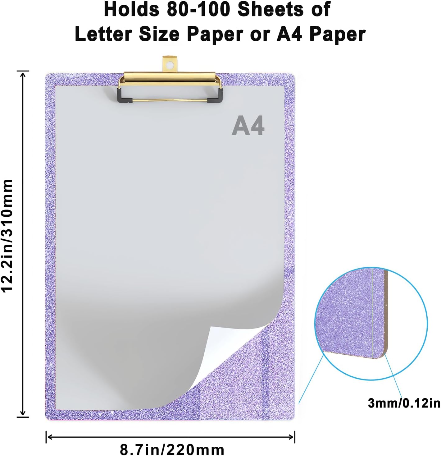 Glitter Acrylic Clipboard Decorative Standard A4 Letter Size 12.2" x 8.7", Fashion Bling Clip Boards with Designed Low Profile Gold Clip for Classroom Office - Purple