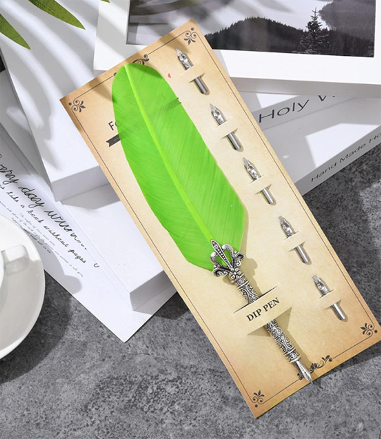 Gullor Calligraphy Feather Quill Pen and 5 Calligraphy Nibs for Beginners Kids Calligraphy Writing Quill Dip Pen Set, Green