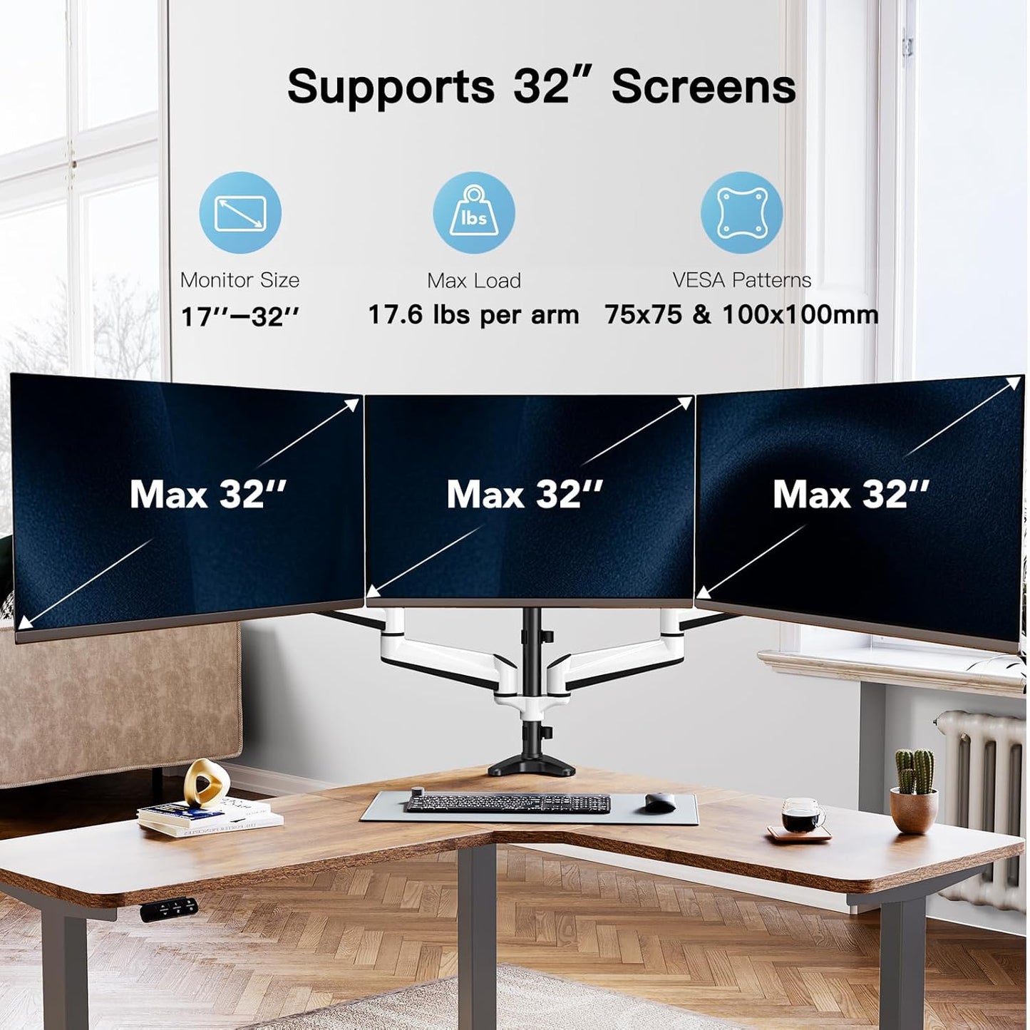 HUANUO Triple Monitor Stand - Full Motion Articulating Gas Spring Monitor Mount Fit Three 17 to 32 inch LCD Computer Screens with Clamp, Grommet Kit