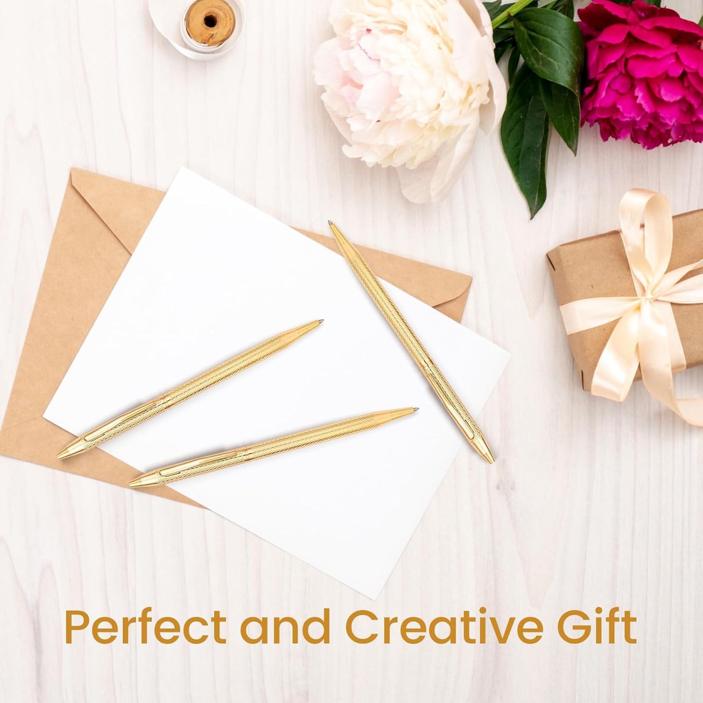 Cambond Ballpoint Pens Gold Pen - Nice Pens for Wedding Guest Book for Gift Smooth Writing Pen with Black Ink 1.0mm Medium Point, 3 Pens with 3 Refills (Gold)