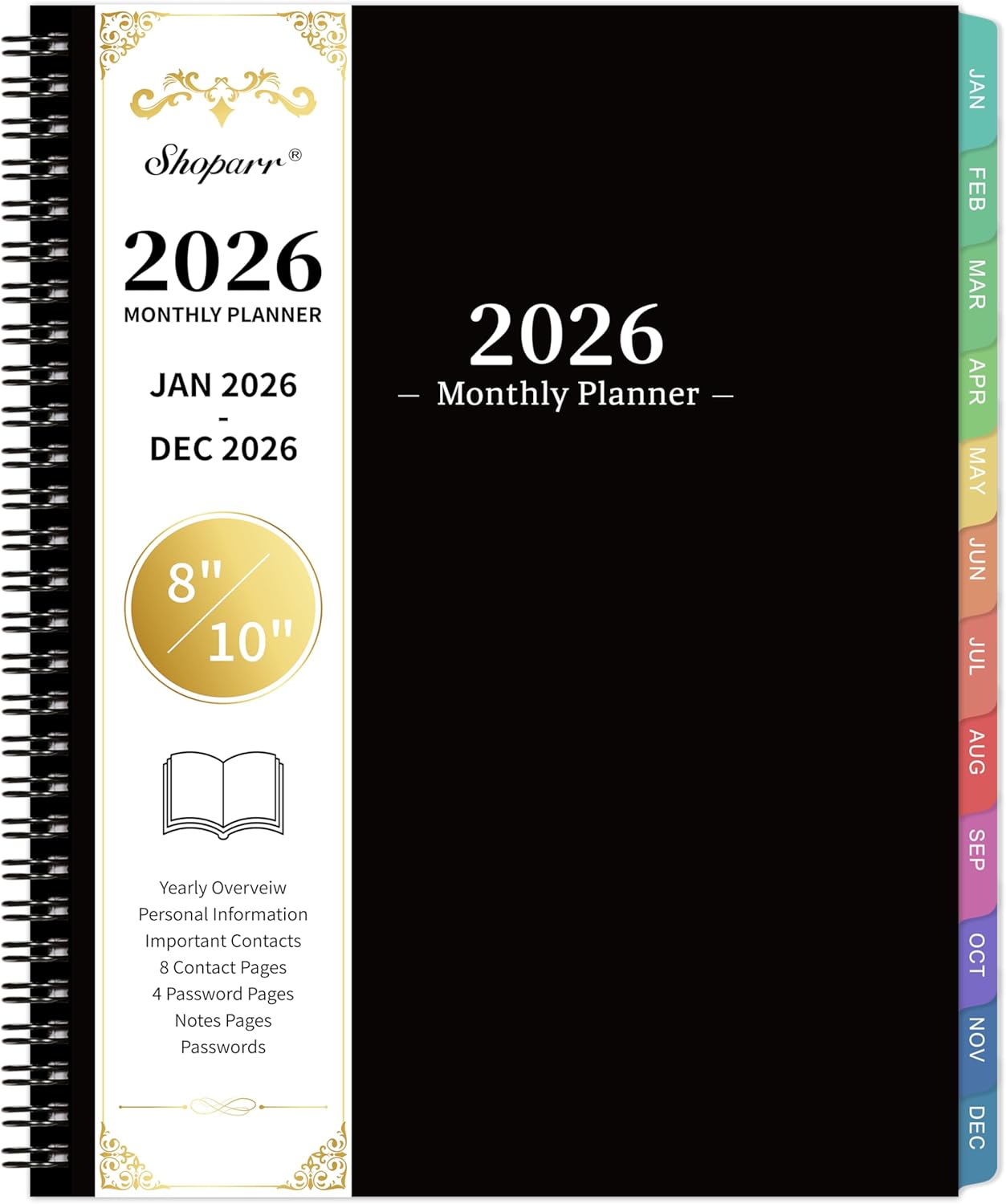 2026 Monthly Planner - JAN. 2026 - DEC. 2026, 2026 Planner with Colorful Tabs, 8" x 10", Monthly Planner/Calendar 2026 with Contacts, Back Pocket, Thick Paper, Twin-Wire Binding - Waterproof Cover(Black)