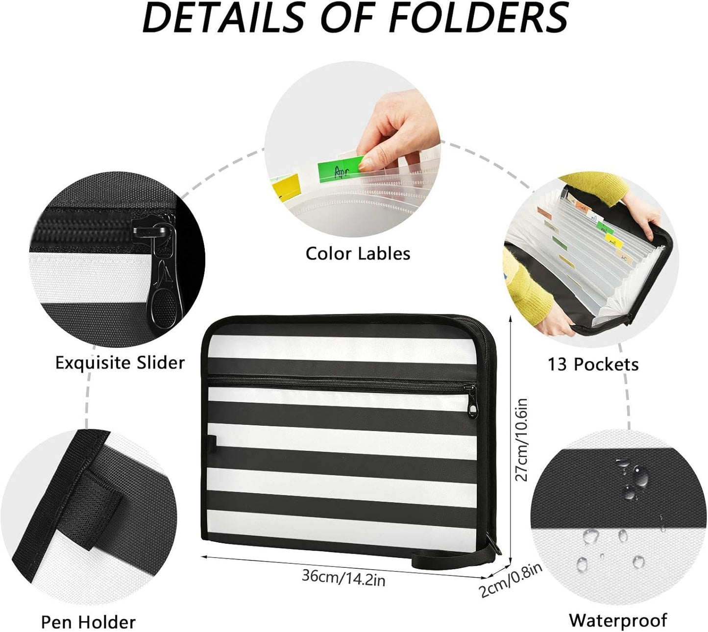 Gredecor Black and White Striped Expanding File Folder 13 Pockets Expandable Filing Folders Accordion Document Files Organizer for A4 Letter Size Paper