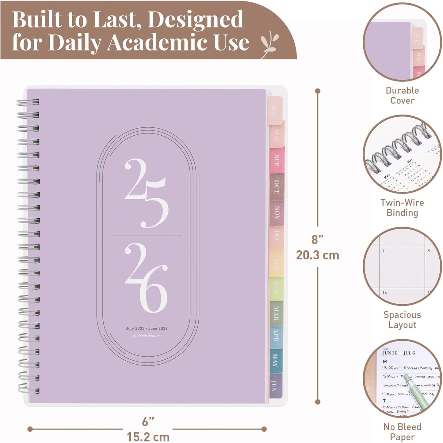 Rileys Academic Planner 2025-2026, Daily, Weekly & Monthly Planner, July 2025 - June 2026, Student Notes Pages, Twin-Wire Binding, Weekly Agenda for School & Work (8 x 6-Inches, Lilac)