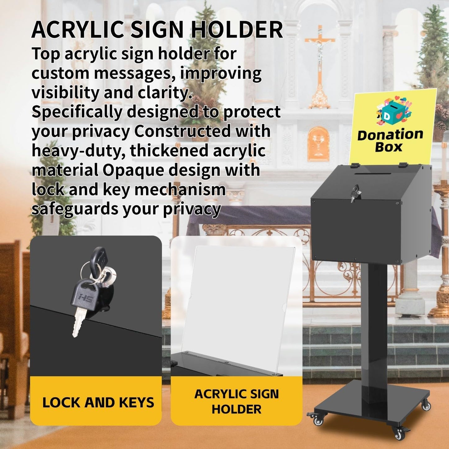 Large Acrylic Donation Box with Stand, Suggestion Box for Church, Drawing Raffle with Key&Lock, for Collection Fundraising, Offering, Ballots, Feedback, Black