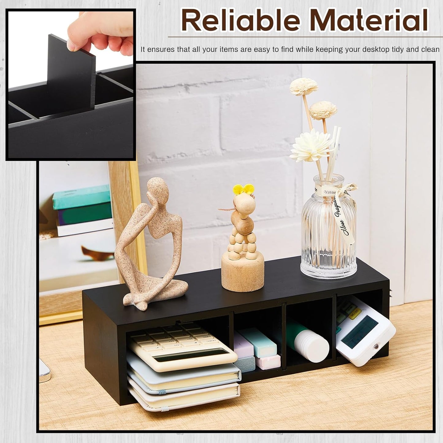 Jetec Wooden Pencil Holder 5 Compartments for Desk Adjustable Pen Holder Wood Office Desk Organizers and Accessories Makeup Brush Organizer for Pen, Home, Office and Art Supplies(Black)