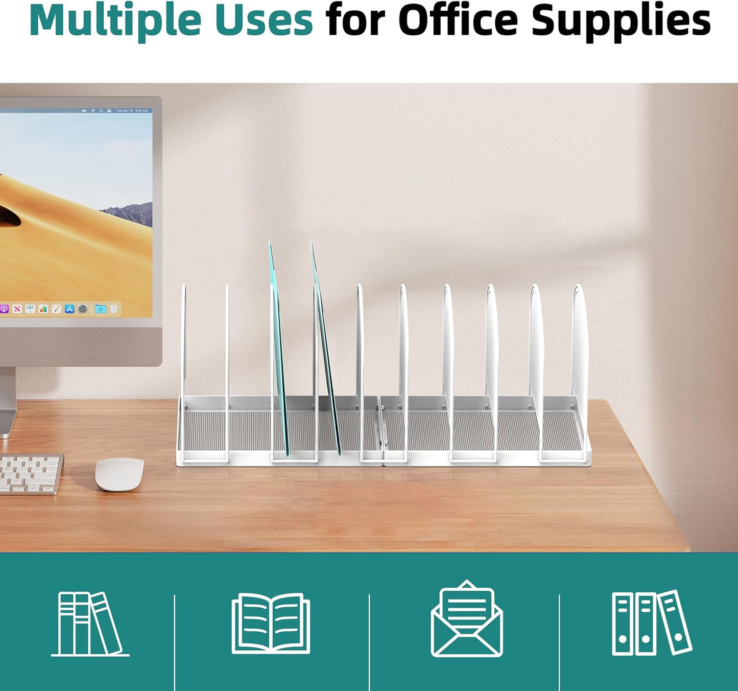 SUPEASY File Organizer 9-Section Mesh Desk Organizer, Upright File Organizer Desktop Organizer File Sorter, File Folder Holder for Office Supplies, White