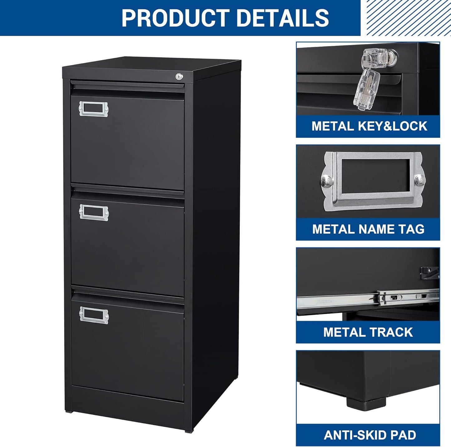 Vertical File Cabinets - 3 Drawers 17.8" Deep Lockable Filing Cabinet - Metal Storage Cabinets for Home Office to Hanging Files Letter/Legal/F4/A4 Size