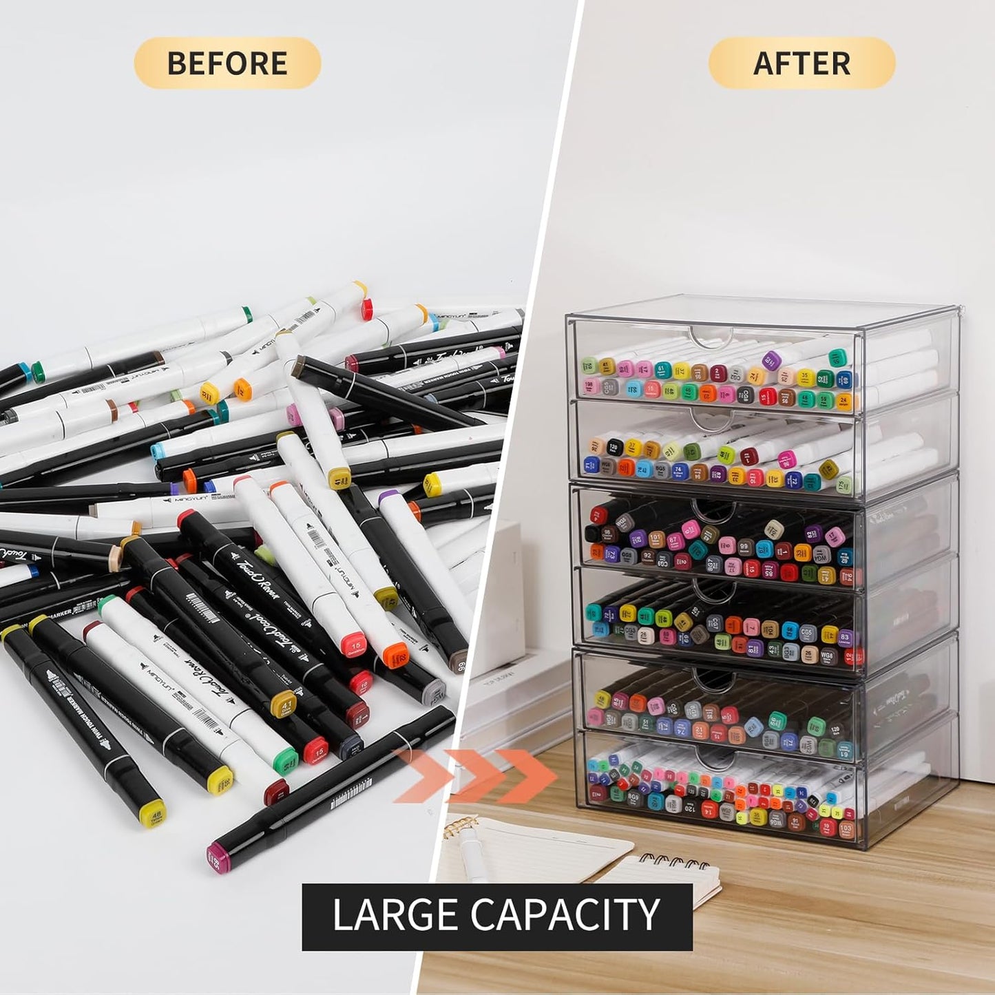 Stackable Storage Drawers, Plastic Storage Bins for Home Office, Bathroom, Kitchen, Pantry, Clear Desk Organizer for Accessories, Marker, Pencils, Books, Art Crafts, Makeup (6 Drawers)