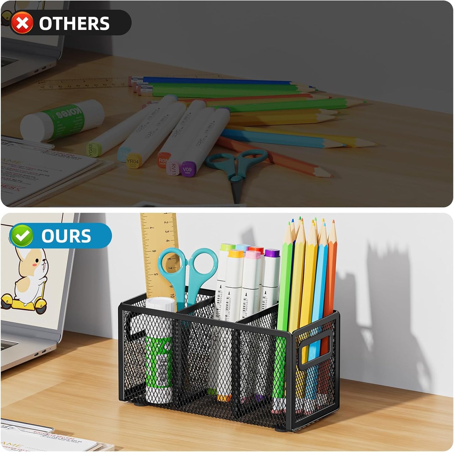 Marbrasse Mesh Pen Holder for Desk,Pencil Holder Desk Organizer 3 Adjustable Compartments,Pencil Cup with Handle Perfect for Classroom, Office, Home,Makeup,Art (Black)