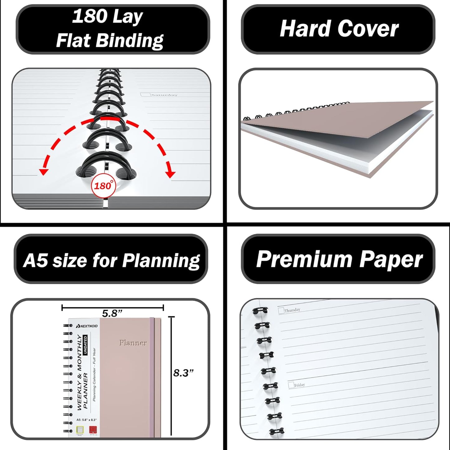 Undated Monthly and Weekly Planner - 12 Month Calendar Planner Notebook with Week Days - Hardcover Undated Planners Blank Agenda Book - A5 Pink