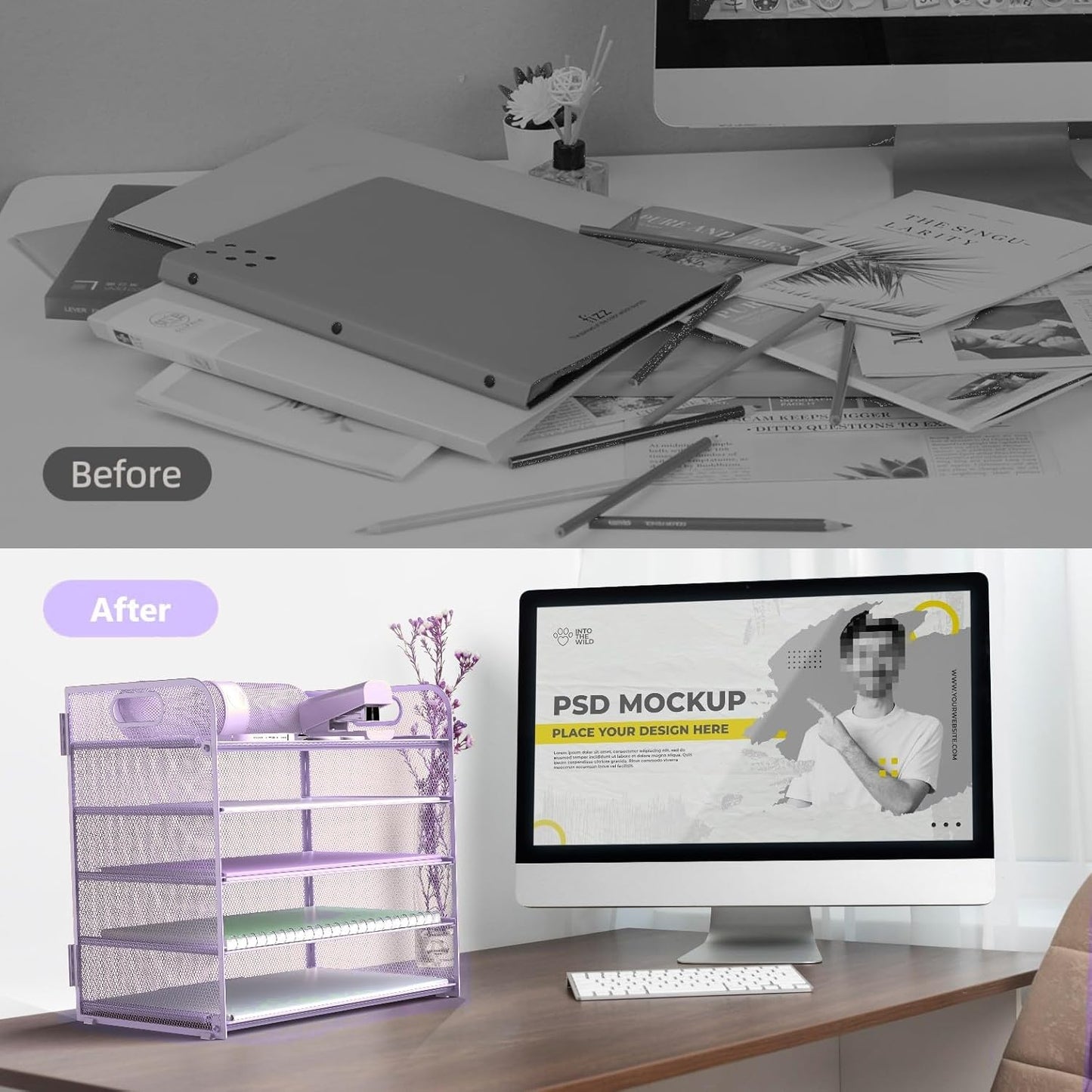 Letter Tray Paper Organizer 5-Tier Desk Organizer File Organizer Paper Holder with Handle, Metal Desktop Document Shelf Tray Office Classroom Organization - Purple