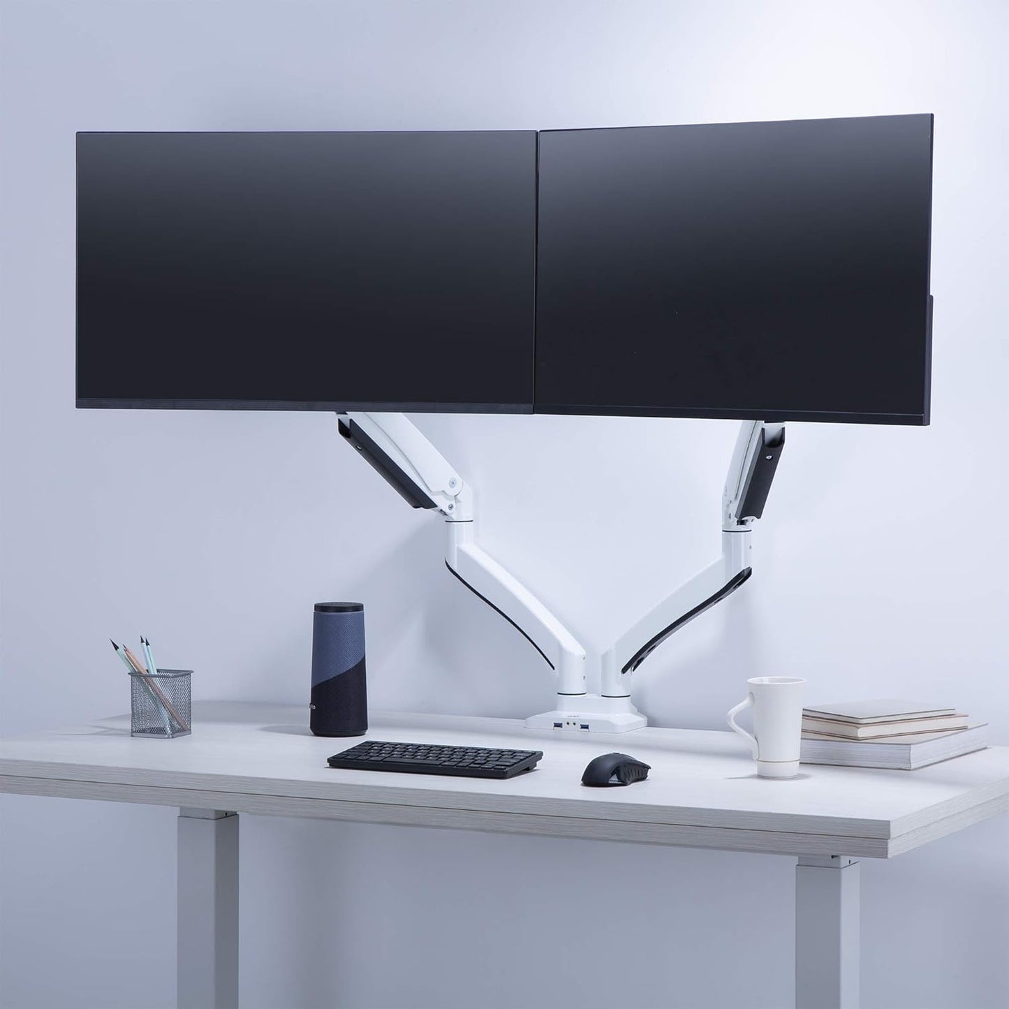 AVLT Dual 13"-43" Monitor Arm - Desk Mount for Two Flat/Curved Monitors - Full Motion Height Swivel Tilt Rotation Adjustable - White/VESA/C-Clamp/Grommet/Cable Management
