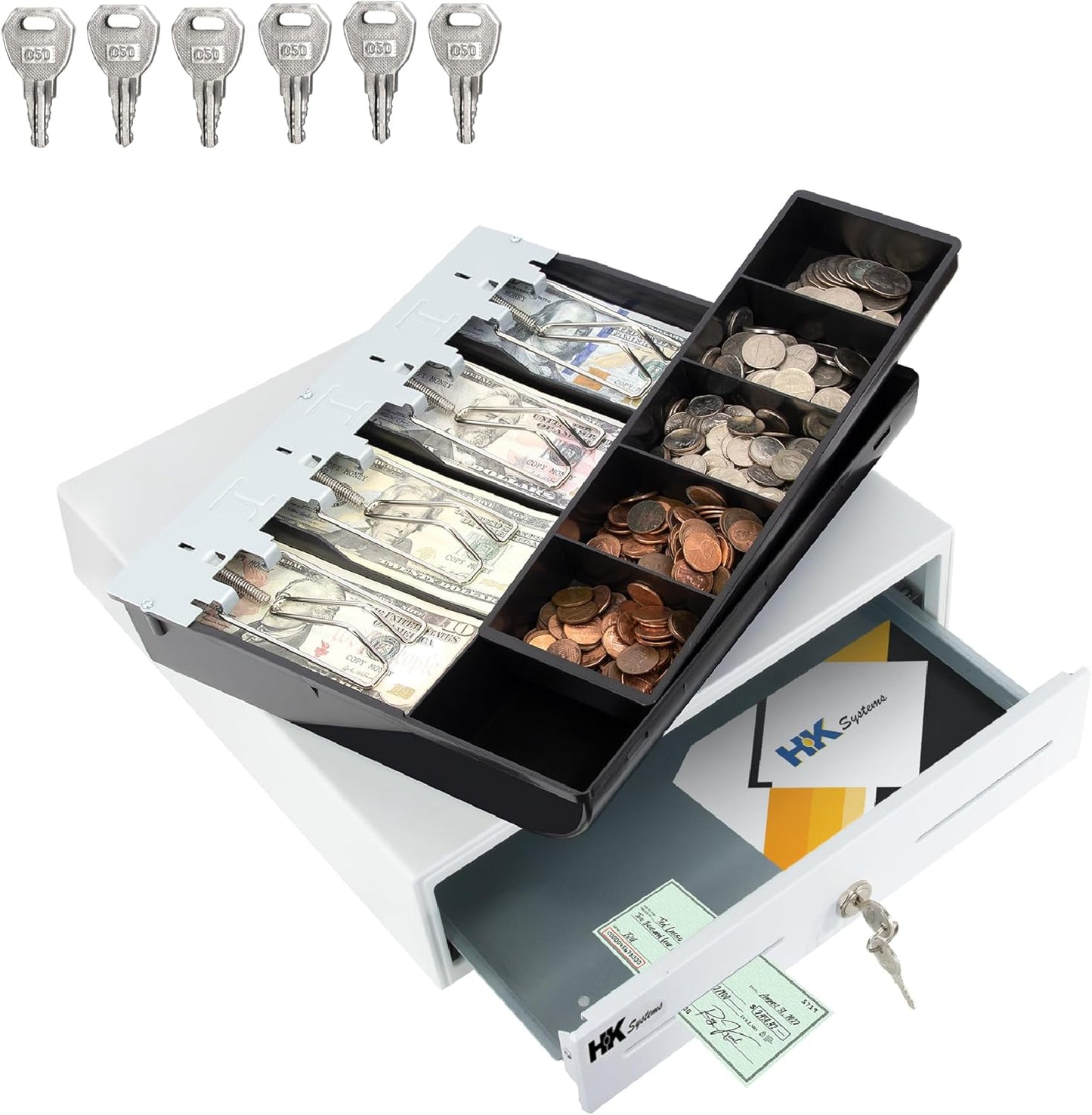 HK SYSTEMS 13inch White Heavy Duty POS Interface Cash Drawer with 4Bill/5Coin