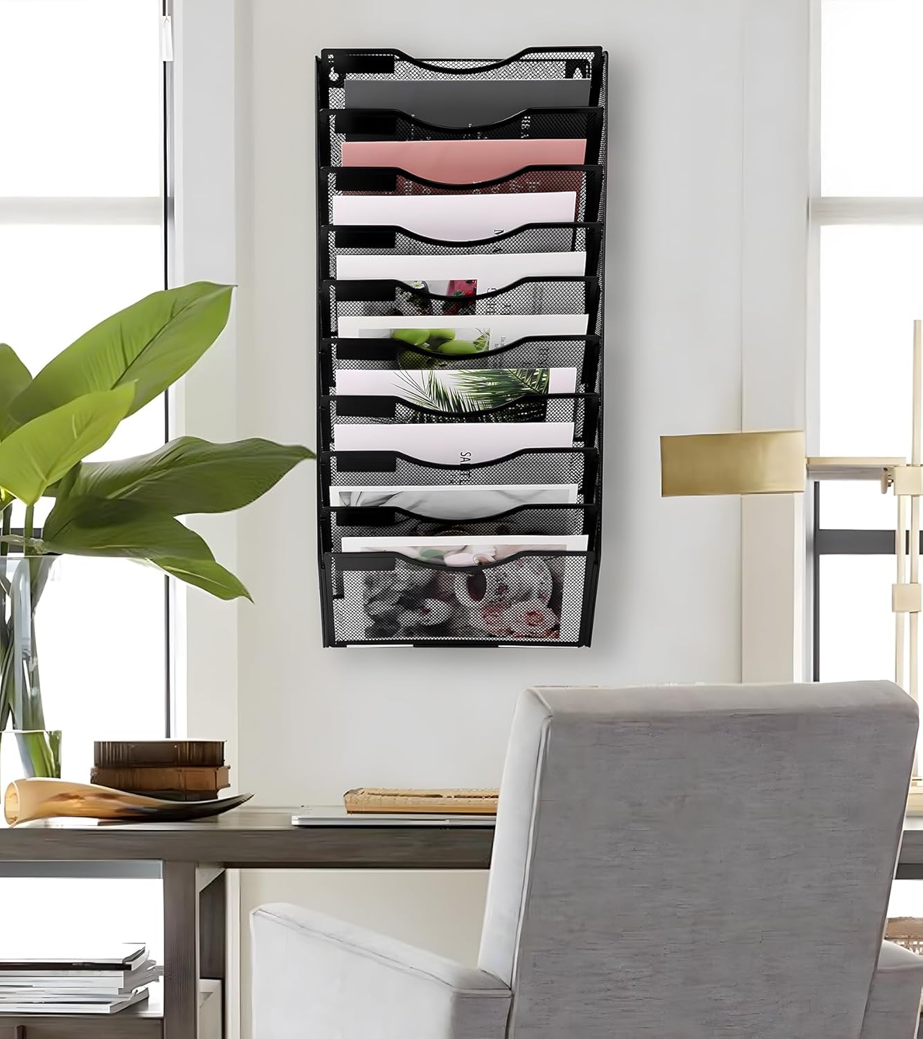 EasyPAG Wall File Holder Organizer 10 Pocket Mesh Hanging Wall Mounted Document Paper Folder Filing Magazine Rack with Nametag Label for Office Home School, Black