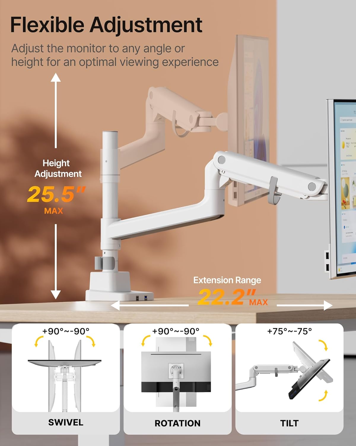 monTEK Heavy-Duty Single Monitor Arm for 17-57 inch, up to 59.4lbs Ultrawide Screens,Gas Spring Dual Curved Adjustable Monitor Stand for Desk,75/100mm VESA Mount with USB，White