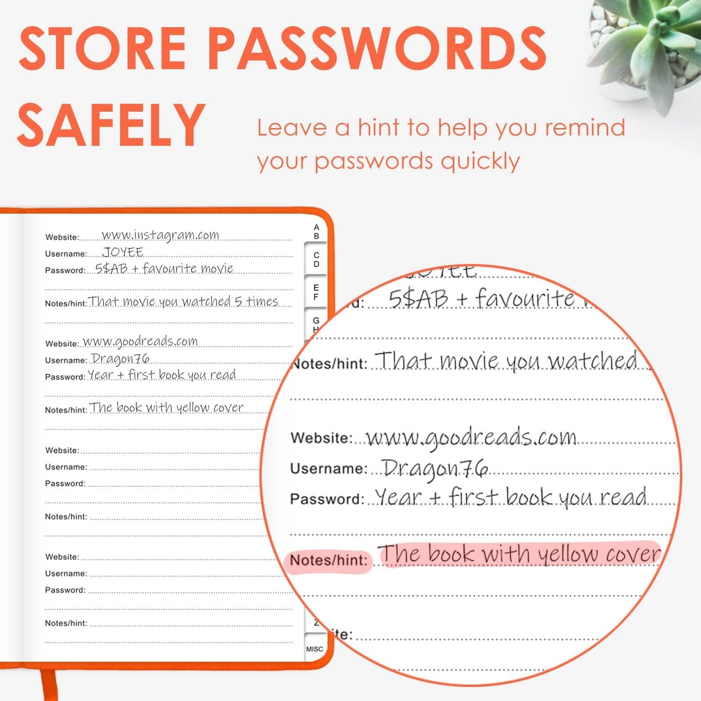 Elegant Password Book with Alphabetical Tabs - Hardcover Password Book for Internet Website Address Login - 5.2" x 7.6" Password Keeper and Organizer w/Notes Section & Back Pocket (Orange)