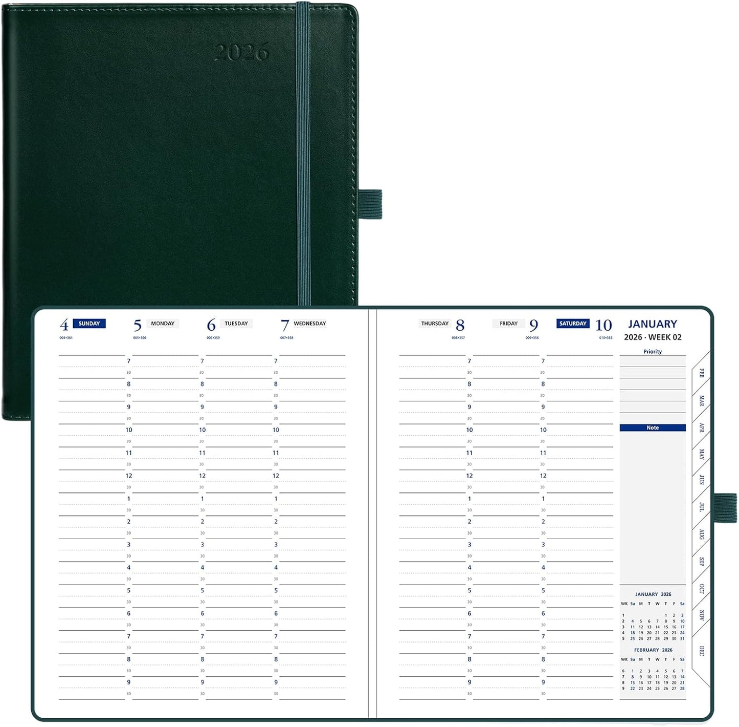 POPRUN 2026 Weekly Planner (Medium 7'' x 8.5''), 30-Minute Hourly Appointment Book (Jan 2026-Dec 2026) with Monthly Tabs, Inner Pockets, Pen Holder, PU Leather Softcover, 100GSM - Dark Green