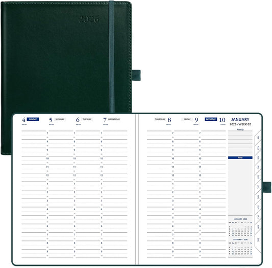 POPRUN 2026 Weekly Planner (Medium 7'' x 8.5''), 30-Minute Hourly Appointment Book (Jan 2026-Dec 2026) with Monthly Tabs, Inner Pockets, Pen Holder, PU Leather Softcover, 100GSM - Dark Green