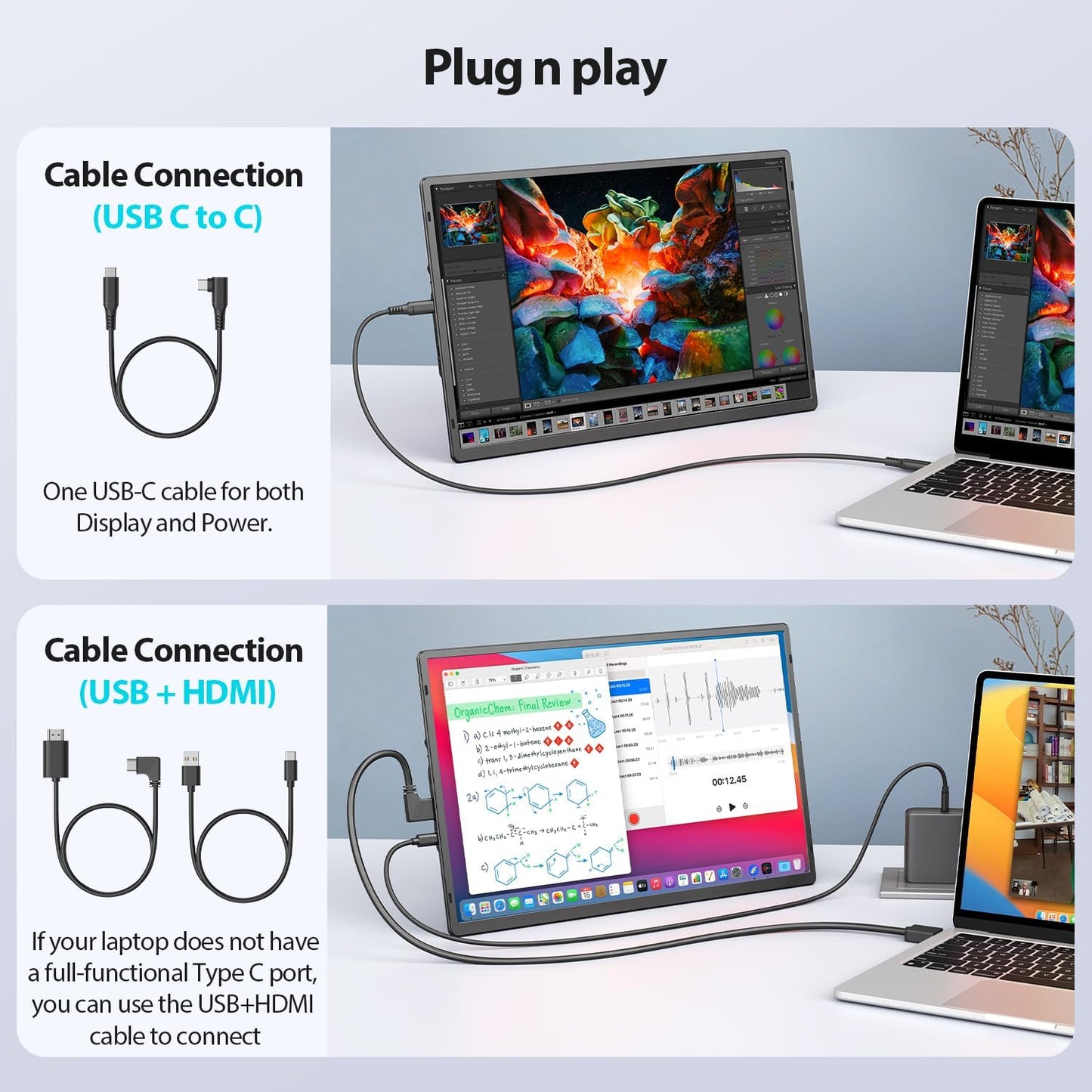 16.2'' Laptop Monitor Extender, 1920 * 1200 USB-C/HDMI with Retractable Stand, Ultra-Slim Laptop Screen HDR Eye Care Computer Display Plug-Play, External Monitor for MAC PC Phone PS4 Switch