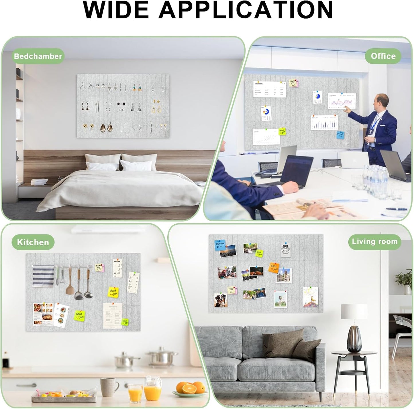 12 Pack Large Cork Board for Walls, Slat Wall Paneling, 48" X 36" Felt Bulletin Board Tiles with Safe Removable Adhesive Tabs & Push Pins, Pin Board Cork Board Wall Organizer for Office - Light Grey