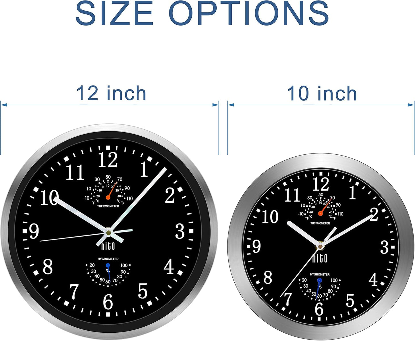 HITO 12 Inch Silent Wall Clock Battery Operated Non Ticking Glass Cover Silver Aluminum Frame, for Kitchen, Bedroom, Home Office, Living Room Decor (12" Black)