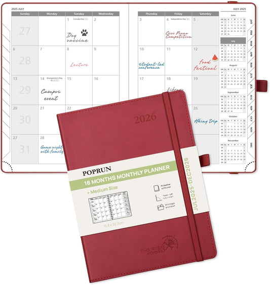 POPRUN Monthly Planner 2025-2026 (Medium- 6.5'' x 8.5'' Soft Cover), 18-Month Calendar Book (Jul.2025-Dec.2026), Calendar Planner with Monthly Tabs & Pocket, 100 GSM Paper - Burgundy